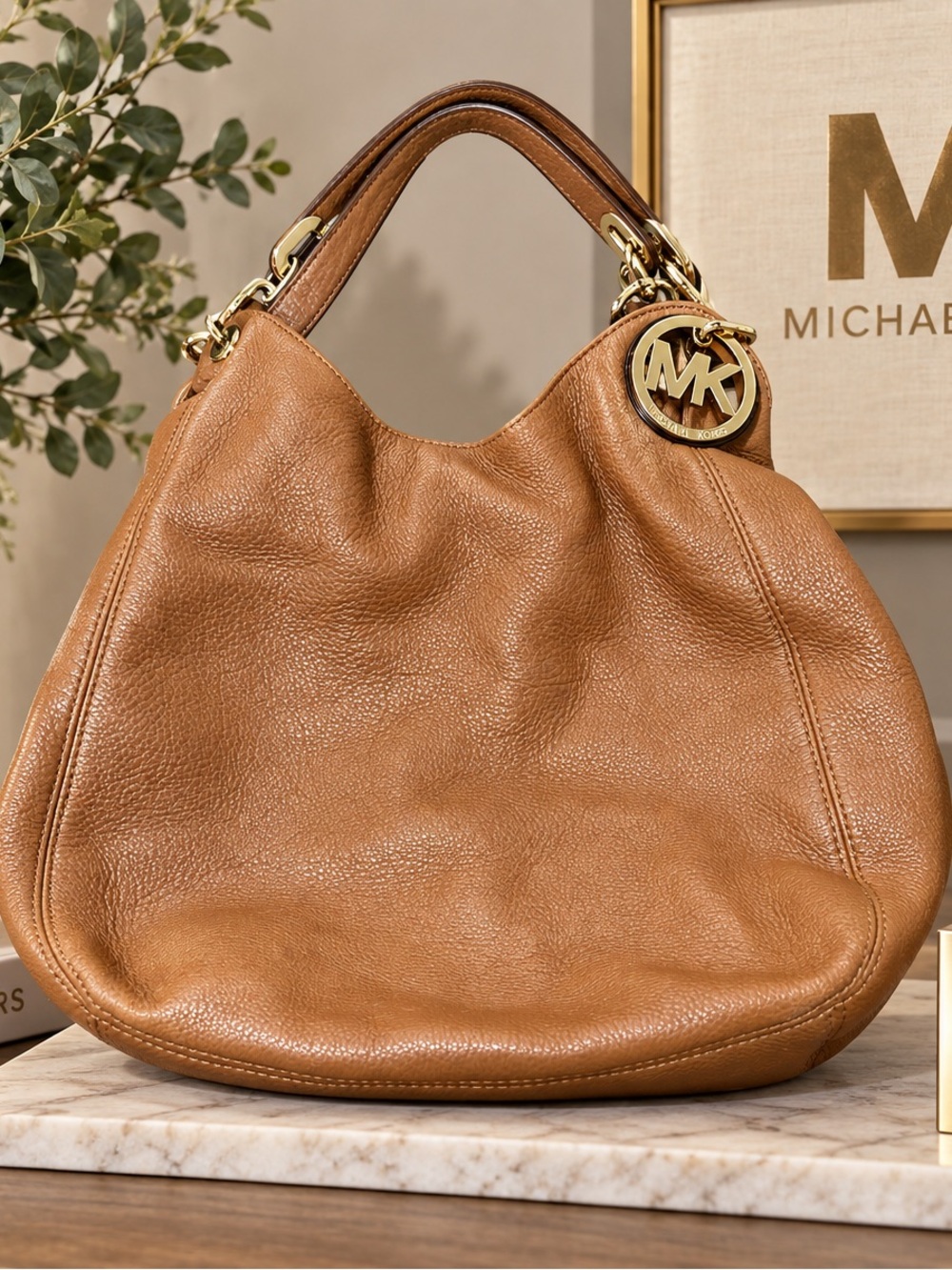 Michael Kors Cognac Leather Shoulder Hobo with Gold Cheetah MK Charm